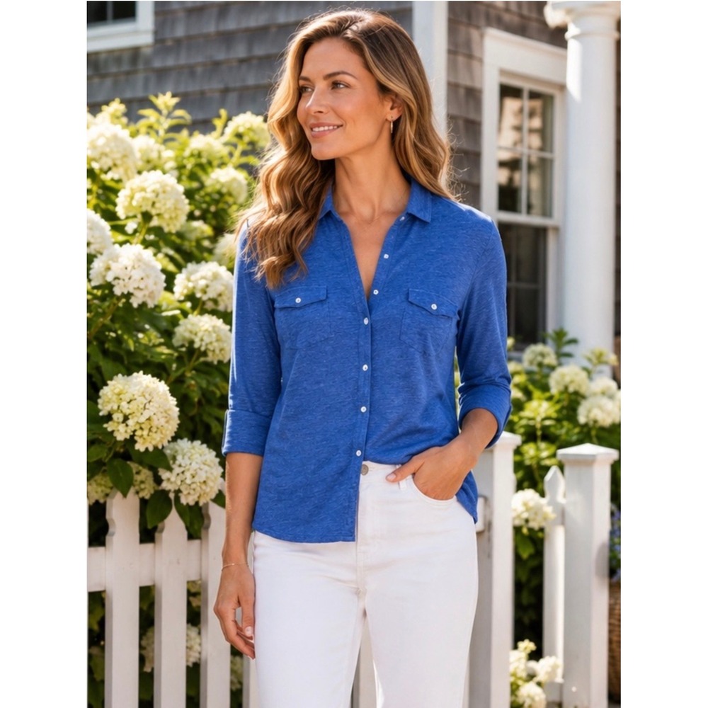 J.McLaughlin Blue Linen Blend Button Down Shirt XL 3/4 Sleeve Pockets Heathered